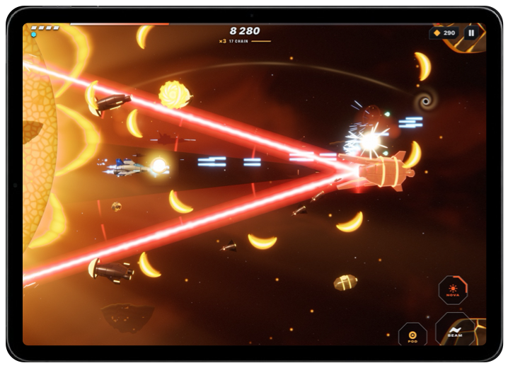 iPad: a cutter's twin red beams close on the ship beside a burning sun.
