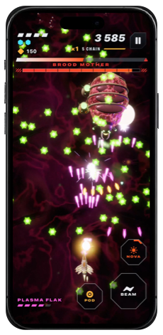 iPhone upright: the Brood Mother seen from above, in a storm of green spores.