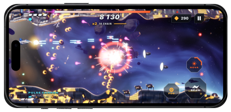 iPhone sideways: an explosion over the wrecked hulls of the Orbital Graveyard.