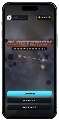 iPhone upright: the Blasterion title screen with Launch, Hangar and Settings.