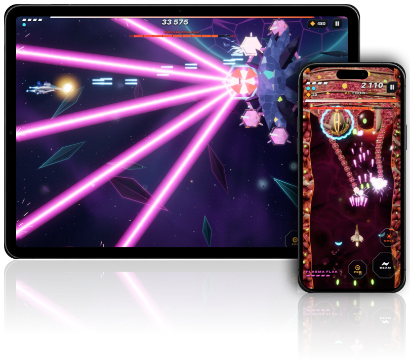 An iPad in landscape fighting the Prism Oracle, and in front of it an upright iPhone fighting The Maw from above.