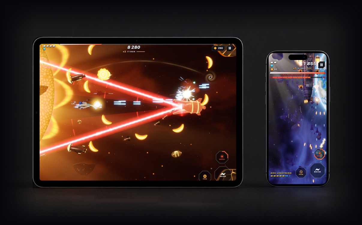 An iPad in landscape showing a cutter's twin beams in the Solar Forge, beside an upright iPhone showing the Dreadnought fight from above.
